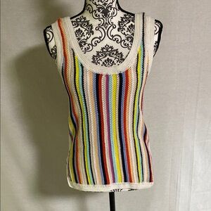 Marie Oliver Multi Color Rainbow Cotton Striped Crochet Knit Tank Top